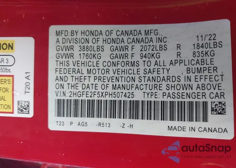 2023 Honda Civic Sport from USA, damaged, VIN 2HGFE2F5XPH507425